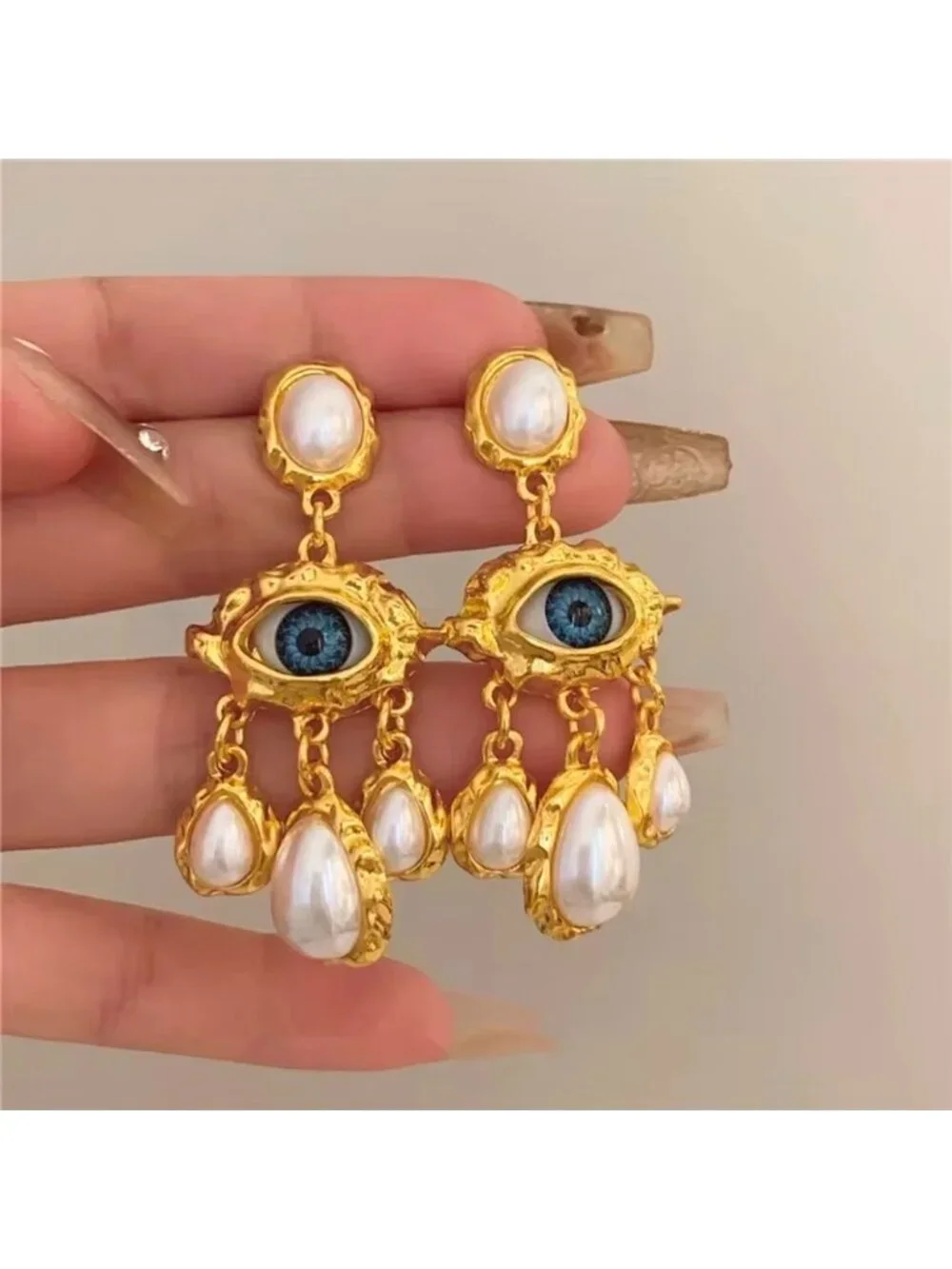 Gold-Tone Evil Eye Pearl Drop Earrings